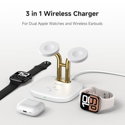 3 in 1 Dual Watch Wireless Charger Stand for Apple Watch Ultra/11 & AirPods | Dual magnetic watch charging, 5W Fast watch charge, Ergonomic design, Chrome plated plastic stand, Multi safety guard, 704A - color: White & Gold