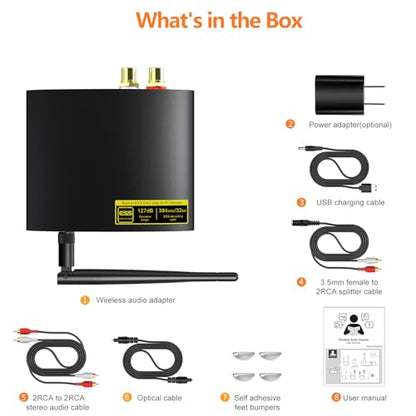 1Mii DS200Pro Bluetooth 5.3 Receiver for Home Stereo, HiFi Wireless Audio Adapter with LDAC, Built-in DAC, Long Range, Optical & RCA Outputs - color: Black