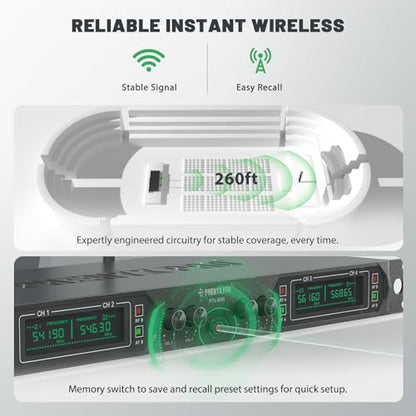Phenyx Pro 4-Ch UHF Fixed Frequency Wireless Microphone PTU-5000-2H2B | 2 Handheld Mics, 2 Bodypacks, Headset/Lapel Mics, Metal Build, 260 ft Range, Church Services, DJ Sets