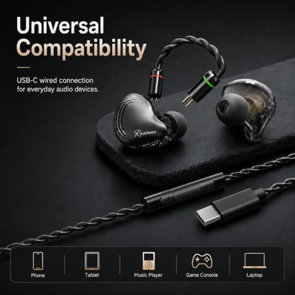 Rosmas USB-C Earbuds with Mic, SM10 Pro Wired IEM Earphones 5-Driver Hybrid in-Ear Monitors, 4BA+1DD Detailed Sound, Detachable 2-Pin Cable, USB c Gaming Earbuds for Music Calls and Daily Use,Black - color: Black&USB-C