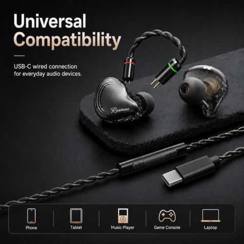 Rosmas SM10 Pro USB C Wired IEM Earbuds with Mic, Detachable 2-Pin Cable, 4BA+1DD Hybrid in-Ear Headphones, Secure Over-Ear Fit for Phone, Tablet and PC,Black - color: Black
