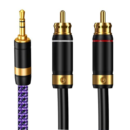 3.5mm Aux to RCA Audio Cable Audiophile 24K Gold-Plated Pure Copper Shell Braided Hi Fi Stereo Y Cord for Smartphones MP3 Tablets Speakers HDTV Purple (3.5mm Straight to 2 RCA, 16.4FT/5m) - size: 16.4 ft, style: 3.5mm Straight to 2 RCA