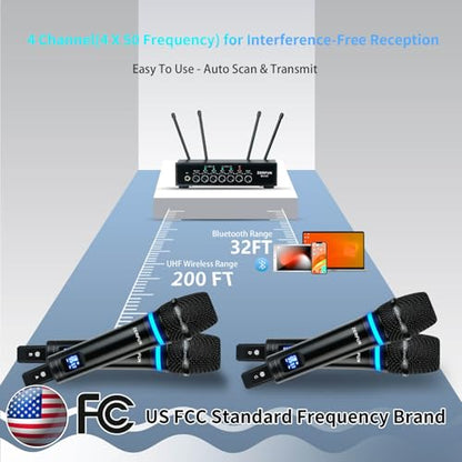 4 Channel Rechargeable Wireless Microphone System, Pro UHF Metal Handheld Wireless Microphones Cordless Mics with Echo Bluetooth VOL Channel Control for Karaoke Singing Church(MU-898)