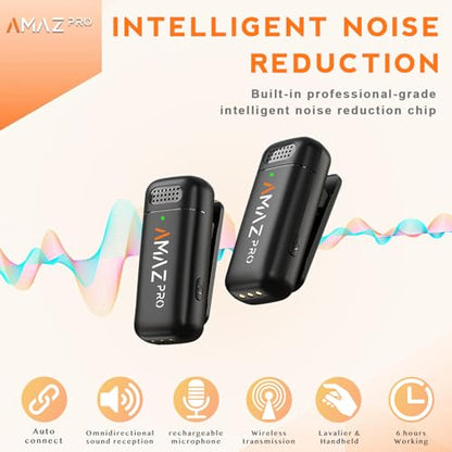 Amazpro Wireless Lavalier Microphone for iPhone 15,Android Phone,Laptop,2 Pack Mini Microphone with Charging Case,Professional Noise Reduction,for Video Vlog,Youtuber,TikTok,Instagram,Interview,USB-C