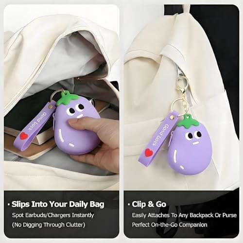【Woyinger】 Fruit Shaped Silicone Earbud Case for AirPods, Tech Organizer Pouch with Keychain & Wrist Strap, Mini Cable Coin Wired/Wireless Earphone Holder, Eggplant - color: A2-Eggplant