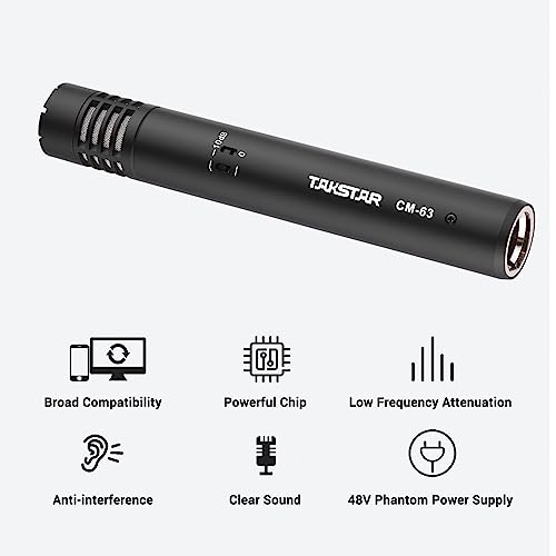 TAKSTAR CM-63 Cardioid Condenser Instrument Microphone with Clip | XLR Gold-Plated Diaphragm, 30Hz-20kHz Response, Low-Noise FET, Low-Cut & -10dB Pad Switch, Requires 48V Phantom Power.