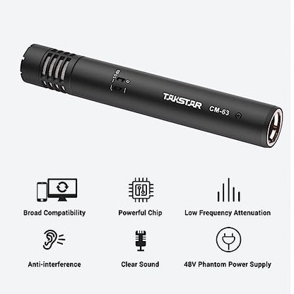 TAKSTAR CM-63 Cardioid Condenser Instrument Microphone with Clip | XLR Gold-Plated Diaphragm, 30Hz-20kHz Response, Low-Noise FET, Low-Cut & -10dB Pad Switch, Requires 48V Phantom Power.