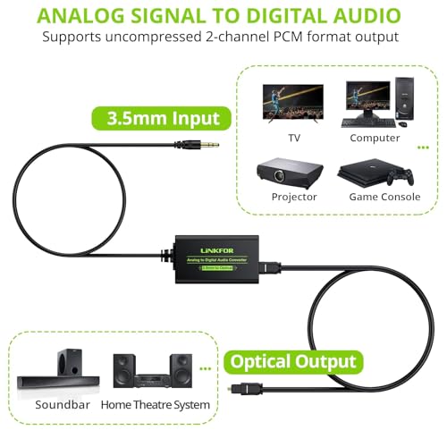LiNKFOR 3.5mm to SPDIF Converter Analog to Digital Audio Adapter for Enhanced Sound Toslink Optical Output 3.5mm to Optical with Optical Cable for Amplifiers & Soundbars - style: 3.5mm to SPDIF