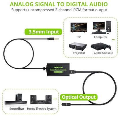 LiNKFOR 3.5mm to SPDIF Converter Analog to Digital Audio Adapter for Enhanced Sound Toslink Optical Output 3.5mm to Optical with Optical Cable for Amplifiers & Soundbars - style: 3.5mm to SPDIF