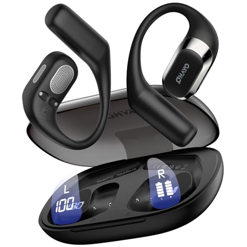 OHAYO Open Ear Headphones,Over Ear Earbuds with Ergonomic Earhook,Bluetooth Headphones 5.4 with Smart Digital Display,40H Playtime,IPX6 Waterproof,Touch Control Operate Fit Cycling,Running,Workout - color: Black