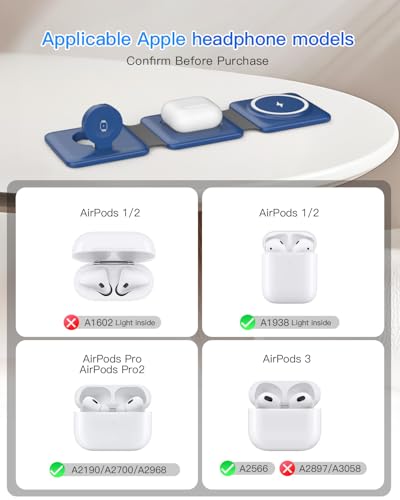 Iseyyox Charging Station for Apple Devices - 3 in 1 Magnetic Foldable Wireless Charger Dock - Travel Charging Pad for MagSafe iPhone 17 16 15 14 13 12 Pro Max Plus Watch & Airpods - color: Blue