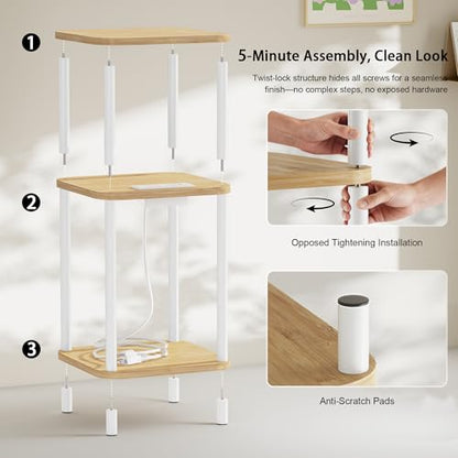 Bamboo End Table with Charging Station, Side Table for Small Space, Small Table Stand, Narrow Wooden Bedside Table Nightstand with Shelves, for Nursery, Living Room, Bedroom, Natural and White - color: Natural and White