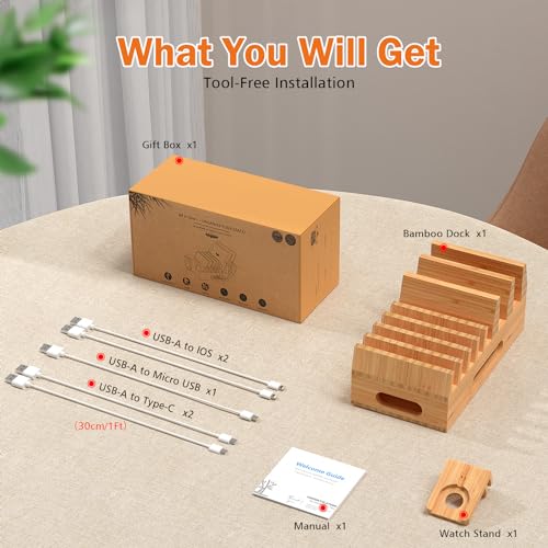 Pezin & Hulin Bamboo Charging Station with 5 Cables-Natural Bamboo | Wood Desktop Docking with Watch Holder for Phone, Tablet & Watch – Charge 7 Devices at Once, 5 Cables Included (No Adapter) - color: Dock Stand +Cables