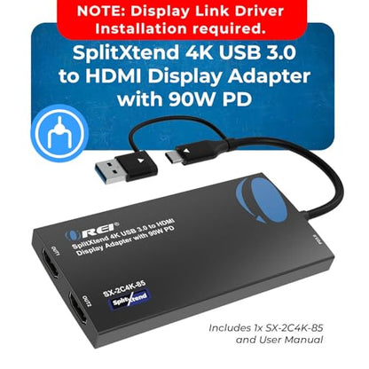 OREI SplitExtend 4K HDMI Splitter Extended Display for Dual Monitor - Multi-Monitor Display 3 Separate Screens - USB A & USB-C Adapter to HDMI 2.0, 4K@60hz, 90W PD Charger, DisplayLink MacOS, Windows | Multi-Monitor Display 3 Separate Screens - USB A & US