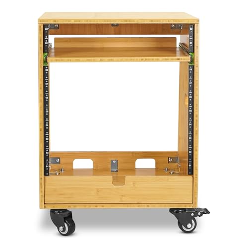 Sound Town DIY Slanted 10U Studio Rack (2U Top + 8U Lower) with Slide-Out Tray, 2U Bottom Storage & Casters, Solid Carbonized Bamboo Audio Equipment Rack for Recording Room & Home Studio (STBR-ST10T) - size: 10U(2U Top + 8U Lower),Carbonized Bamboo