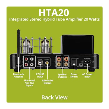 Dayton Audio HTA20 Integrated Stereo Hybrid Hi-Fi Vacuum Tube Class A/B Amplifier 20 Watts RMS with Subwoofer Output, Headphone Output, Bluetooth 5.0 and USB DAC (HTA20) - color: HTA20