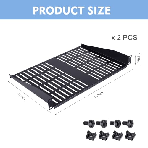 2PCS 1U Server Rack Shelf, Suitable for 19" Network Equipment Racks and Cabinets, Ventilated Cantilever Tray, Depth of 12 inches, Well-Ventilated (12") - size: 12"