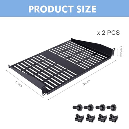 2PCS 1U Server Rack Shelf, Suitable for 19" Network Equipment Racks and Cabinets, Ventilated Cantilever Tray, Depth of 12 inches, Well-Ventilated (12") - size: 12"