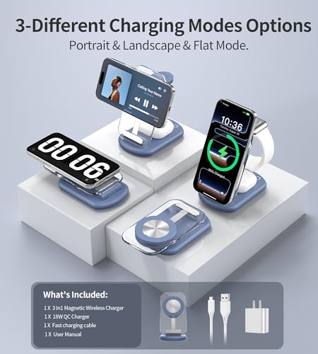 3 in 1 Magnetic Wireless Charging Station for Apple Devices | Fast Travel Charger Stand with Night Light for MagSafe-enabled iPhone 17 16 15 14 13 12 Series, Apple Watch/AirPods Pro, BU - color: Blue
