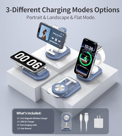 3 in 1 Magnetic Wireless Charging Station for Apple Devices | Fast Travel Charger Stand with Night Light for MagSafe-enabled iPhone 17 16 15 14 13 12 Series, Apple Watch/AirPods Pro, BU - color: Blue