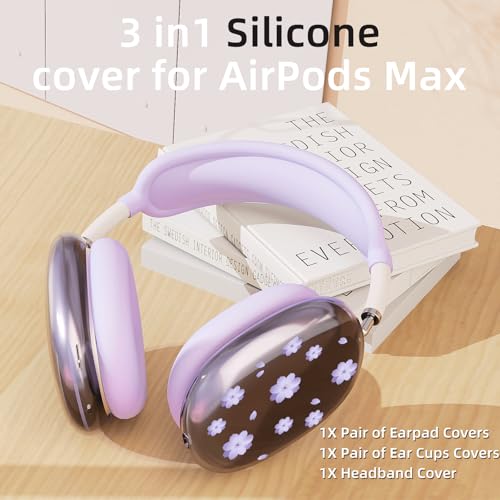 Purple Cherry Flowers Clear Case for Airpods Max Headphones Lovely Floral Soft TPU Ear Cups Cover Anti-Scratch Silicone Ear Pad Protective Case 53 Headband Cover for Apple Airpods Max - color: Purple cherry 11