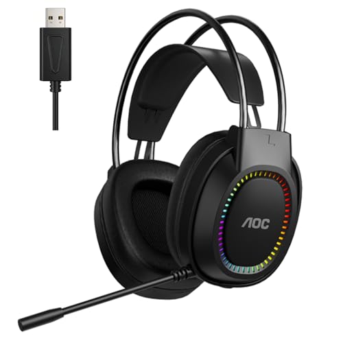 AOC Wired Gaming Headset with Mic, USB Gaming Headphone with Stereo Sound for PC/Laptop/PS4/PS5, 50mm Drivers RGB Corded Headphones for Game/Work/Music, ACG2500