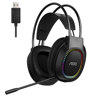 AOC Wired Gaming Headset with Mic, USB Gaming Headphone with Stereo Sound for PC/Laptop/PS4/PS5, 50mm Drivers RGB Corded Headphones for Game/Work/Music, ACG2500