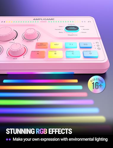 FIFINE SC8P USB Audio Mixer for Game Chat with 7.1ch Surround sound | For PC,RGB,Headphone Preamp,Mute Button,Volume Control,Optical Input,48V Phantom Power,3 EQ Modes,Game Chat Balacnce Pink