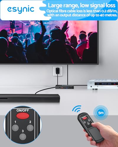 eSynic Portable Digital Optical Audio Switcher 3 in 1 Out-Aluminum Alloy | USB Powered-IR Remote Control-Works with Dolby Digital and DTS Audio Formats From PS4/Blue-Ray/DVD/HDTV to Optical Soundbar