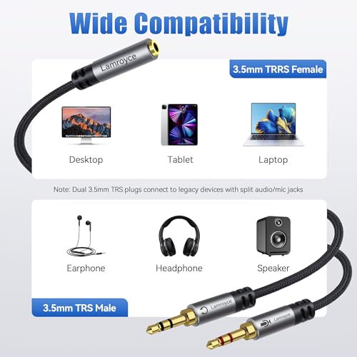 Headphone Splitter for Computer,3.5mm TRRS Female to 2 Dual 3.5mm TRS Male Mic Audio Jack Y Splitter Cable, 1/8inch 2-in-1 Dual-Stereo Jack Gaming Headset Earphones Combiner Cable for PC Laptop-1Feet - color: 3.5mm TRRS 1 Female to 2 TRS Male Splitter, si