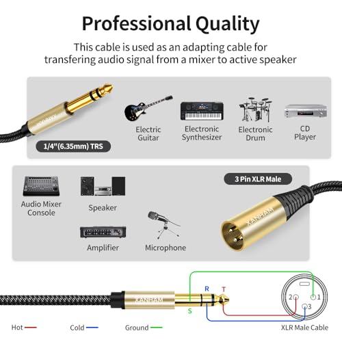 XLR Male to 1/4 Inch(6.35mm) Male 3.3 Feet/1 Meter TRS Balanced Cable XLR to Quarter Inch Jack Patch Cord for Speaker and Microphone - size: 1 m