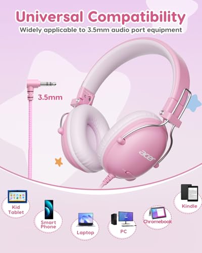 Acer Kids Headphones Wired for School, 74-85dB Limiter, Pink OHW342 - color: Pink