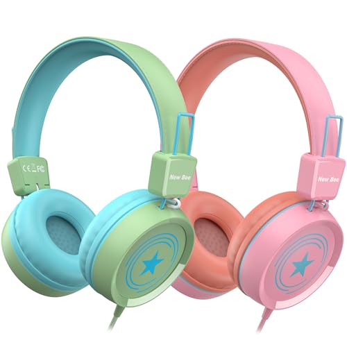 New Bee 2 Pack Kids Headphones with Microphone, 85dB/94dB Safe Volume Limited Childrens Headset, Foldable Wired Toddler Headphones Over Ear for School Travel Mac/Android/Kindle/Tablet/Pad- Green Pink - color: Green Pink-2 Pack, size: wired