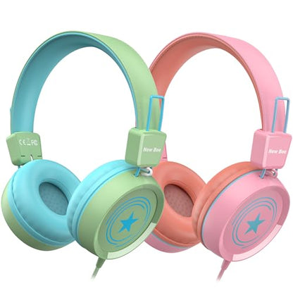 New Bee 2 Pack Kids Headphones with Microphone, 85dB/94dB Safe Volume Limited Childrens Headset, Foldable Wired Toddler Headphones Over Ear for School Travel Mac/Android/Kindle/Tablet/Pad- Green Pink - color: Green Pink-2 Pack, size: wired