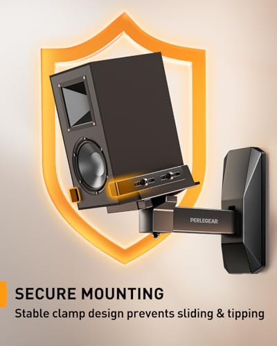 Perlegear Speaker Wall Mounts, Bookshelf Speaker Mounting Brackets with Dual Side Stable Clamp Design, Wide Tilt & Swivel Shelf for Large Surrounding Sound Speakers, Up to 55 lbs, 1 Pair