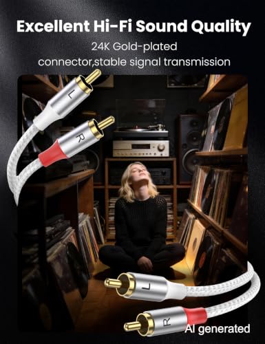 MOSWAG 2RCA Male to 2RCA Male Stereo Auxiliary Audio Cable Subwoofer Cable - color: White, size: 3.28 ft