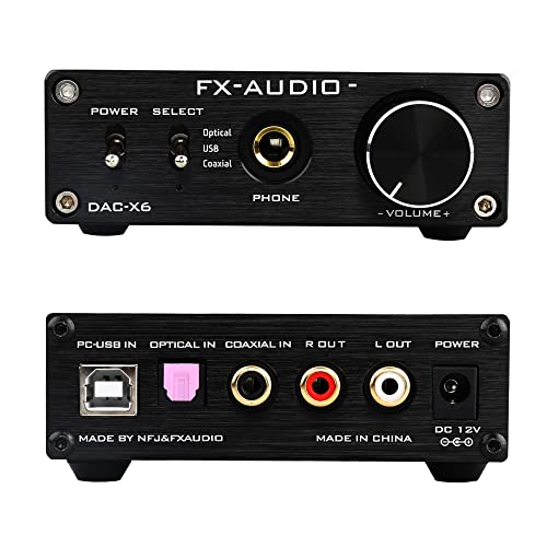 FX-Audio DAC-X6 Headphone amp Mini HiFi 2.0 Digital Audio Decoder DAC Input USB/Coaxial/Optical Output RCA/Headphone Amplifier 24Bit/96KHz DC12V (Black) - color: Black
