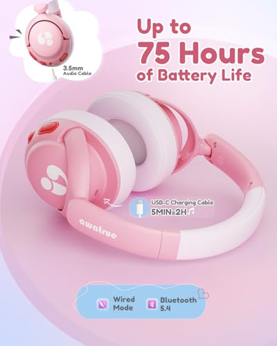 awatrue Kids Bluetooth Headphones, 85dB Volume Limiter, Pink HK02 | Foldable Wireless, Bluetooth 5.4, 75H Playtime, Built-in Mic, for iPad & Travel - color: Pink