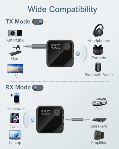 Upgrade Bluetooth 5.4 Car Adapter with 16-Hour Battery, 2-in-1 Hi-Fi Stereo Wireless Transmitter/Receiver for Car, Home Stereo, Headphones, Hands-Free Calling