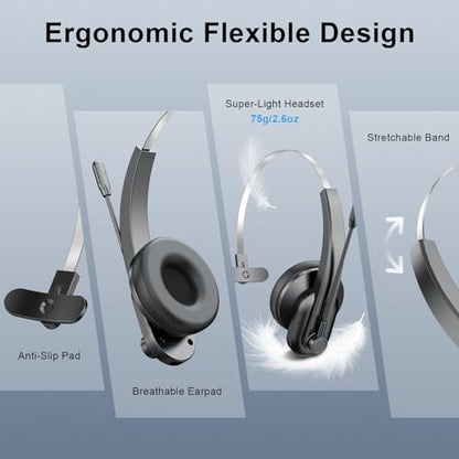 Trucker Headset with Mic, On Ear Bluetooth Headphone with USB Receiver, Noise Cancelling, Long Battery Life for Truck Drivers, Cell Phones