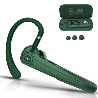 Atheewon Bluetooth Headset, Wireless Bluetooth Earpiece with ENC Noise Canceling Mic, 120Hrs Talk Single-Ear Headphones, LED Display, IPX7, V5.4 Hand-Free Earphone for Business/Trucker/Driver (Green)