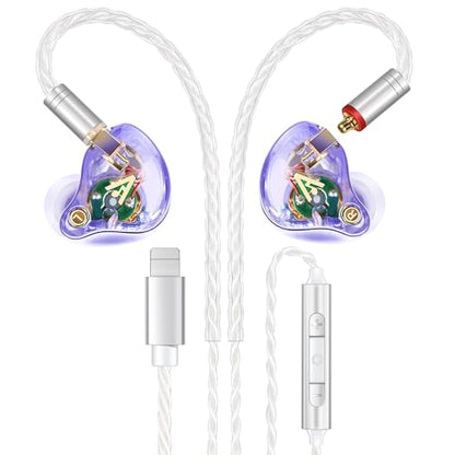 Audiovance Vibes 202ML HiFi 유선 이어버드, 아이폰 14/13/12/11/X, 프로 맥스용 | 마이크가 있는 인이어 헤드폰, 선명한 사운드, 딥 베이스, 소음 차단 이어버드, 실버 도금 코드, 편안한 핏, 케이스 - color: A-라이트 퍼플