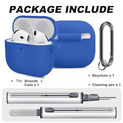 for Airpods 4th Case Cover, Come with Cleaner Kit,Soft Skin Silicone Case Cover with Keychain, Full Protective Case for Men and Women, Compatible with AirPods 4th Generation Case,Blue - color: Blue+pen