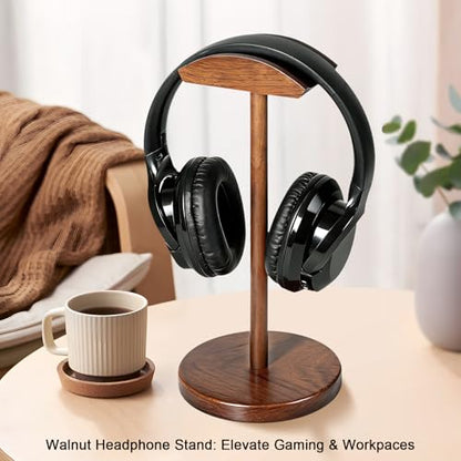 Walnut Wood Headphone Stand for Desk, Heavy Duty Wooden Headset Stand, Wide Compatibility Gaming Headset Hanger Holder, Stylish Desk Accessories for Home & Office