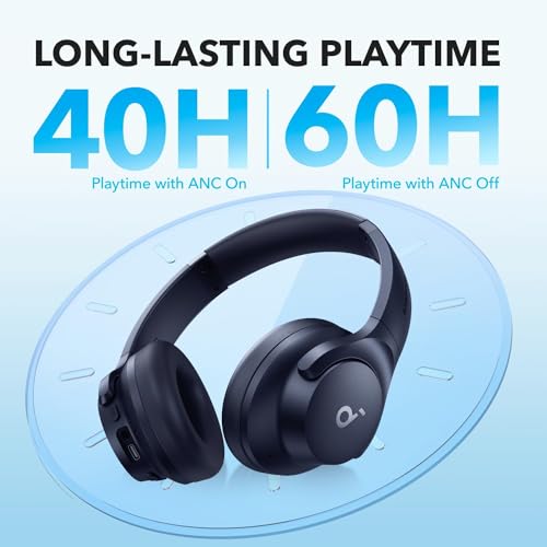 Soundcore by Anker Q20i Hybrid Active Noise Cancelling Headphones, Renewed | Over-Ear, Bluetooth, 40H ANC Playtime, Hi-Res, Big Bass, Transparency Mode, Customize via App, Travel, Home, Office - color: BLUE