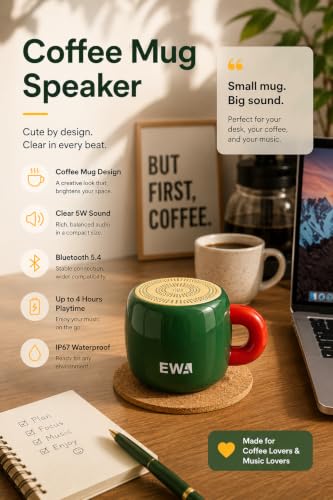 EWA Coffee Mug Speaker, Portable Bluetooth Speaker for Desk & Bedroom(GRE) | Lifestyle Speaker, 5W Clear Sound with Bluetooth 5.4. Coffee Mug Design, IP67 Waterproof, Unique Gift for Coffee Lovers - color: Green