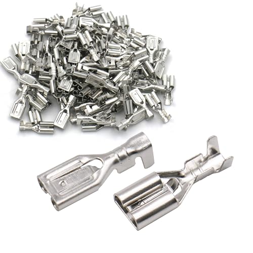 BAOMAIN 100-Pack 6.3mm 1/4" Female Spade Connector Non-Insulated Terminals | Tinned Copper 1/4" Non-Insulated Female Connectors with Locking Tab for 18-16 AWG Wire,Ideal for Automotive & DIY Projects