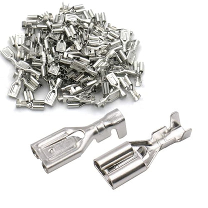 BAOMAIN 100-Pack 6.3mm 1/4" Female Spade Connector Non-Insulated Terminals | Tinned Copper 1/4" Non-Insulated Female Connectors with Locking Tab for 18-16 AWG Wire,Ideal for Automotive & DIY Projects
