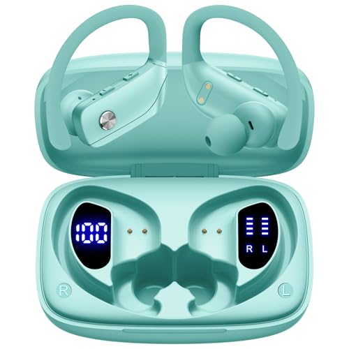 bmani Ear Buds Wireless Earbuds Bluetooth Headphones with 80H Playtime LED Display Case, Over-Ear Hook with Mic, Stereo Sound, Easy Button Controls, Sports Earphones for Running Workout Gym Mint Green - color: Mint Green, style: Standard
