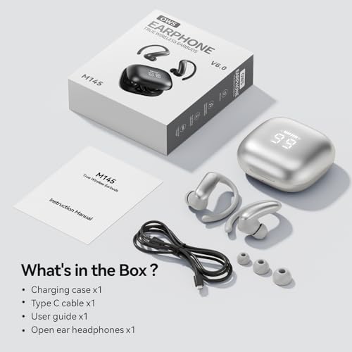 M145 Bluetooth Earphone Over Ear Extra-Large Font Display(Silver) | with Ear Hooks,60H Playtime,Over Ear Buds IPX6 Waterproof for Business Sport Workout Running Daily&myopia and presbyopia - color: Silvery